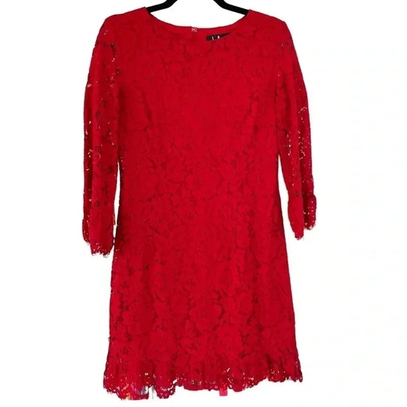 Lulu's Red Floral Lace Dress Bell Sleeve Sheath - Picture 2 of 10
